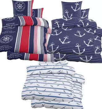 Двойной комплект постельного белья из сирсакера 2x (135х200+80х80см), сине-красный, морской, без глажки, микрофибра KH-Haushaltshandel
