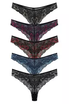 Двойные цветные кружевные бразильские женские трусики-стринги с высокой талией, 5 шт. HNX, серебристо-черный