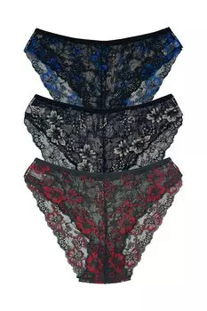 Двойные цветные кружевные женские трусики с высокой талией, 3 предмета HNX, черный-темно-синий