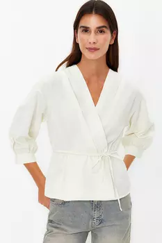 Двубортная блузка с ткаными завязками Stone Trendyol, бежевый