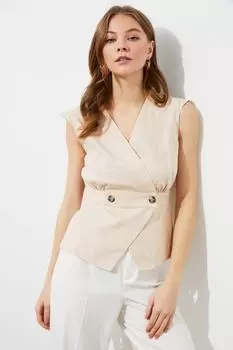 Двубортная хлопковая блузка без рукавов Trendyol, бежевый