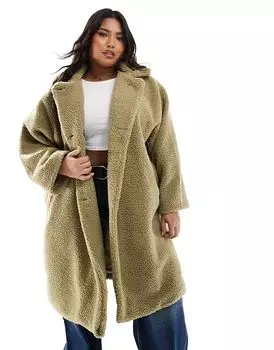 Двубортная куртка DTT Plus из искусственного меха цвета хаки Don't Think Twice