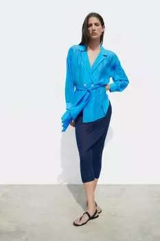 Двубортная рубашка с поясом ZARA, синий
