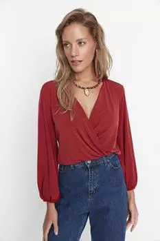 Двубортная трикотажная блузка с плиткой Trendyol, коричневый