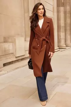 Двубортное длинное пальто с поясом Lipsy, красный