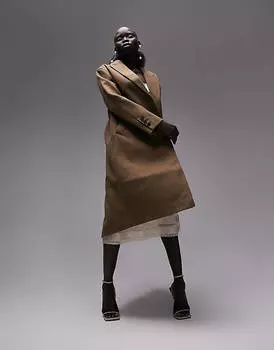Двубортное длинное пальто шоколадно-коричневого цвета Topshop Petite