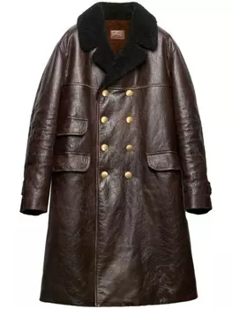 Двубортное кожаное пальто Prada, коричневый