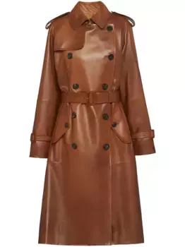Двубортное кожаное пальто Prada, коричневый