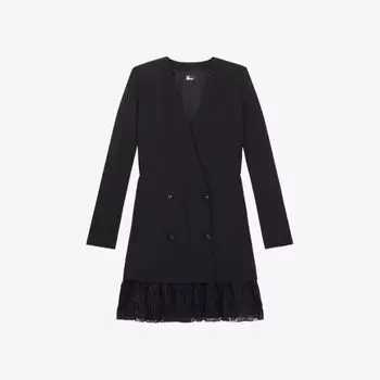Двубортное мини-платье из эластичного крепа с кружевной вышивкой The Kooples, черный