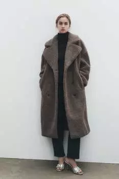 Двубортное пальто из искусственной овчины ZARA, серый