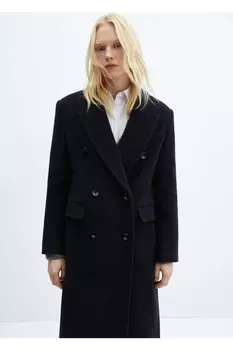 Двубортное пальто из шерсти Mango, темно-синий