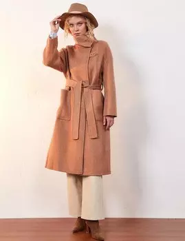 Двубортное пальто из шерсти премиум-класса с двойными карманами светло-коричневого цвета Kayra