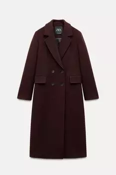 Двубортное пальто из шерсти ZARA, цвет Wine