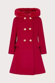 Двубортное пальто с капюшоном из искусственного меха Monsoon, красный