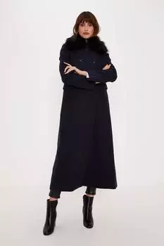 Двубортное пальто с меховым воротником макси-длины Oasis, темно-синий