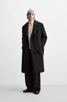 Двубортное пальто с поясом ZARA, черный