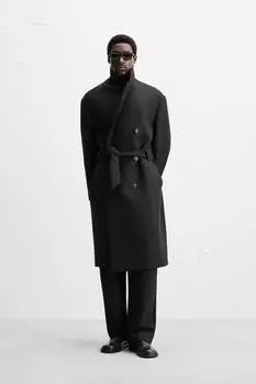 Двубортное пальто с поясом ZARA, черный