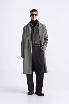 Двубортное пальто в елочку ZARA, черно-белый