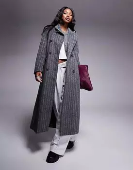 Двубортное пальто в тонкую полоску темно-серого цвета River Island