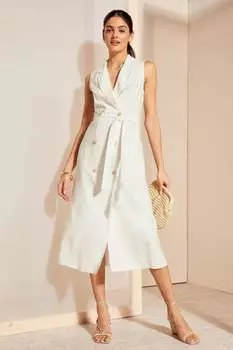 Двубортное платье миди без рукавов с завязкой на талии Friends Like These, белый
