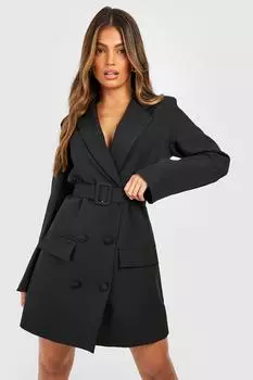 Двубортное платье-пиджак с поясом Boohoo, черный