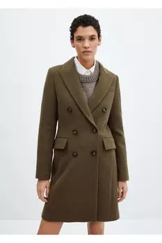 Двубортное шерстяное пальто Mango, хаки