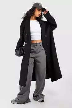 Двубортное шерстяное пальто оверсайз с подплечниками макси boohoo, черный