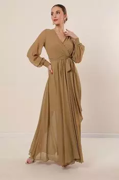 Двубортное шифоновое длинное платье с длинными рукавами и воротником на подкладке, золотое By Sayg, золотой
