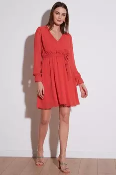 Двубортное шифоновое мини-платье с завязками на шее 6051467 Lela, апельсин