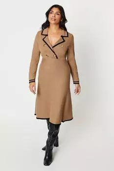 Двубортное трикотажное платье миди с воротником миниатюрного размера и воротником-стойкой Wallis, бежевый
