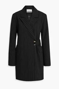 Двубортное твиловое пальто в тонкую полоску GANNI, черный