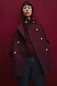 Двубортное вязаное шерстяное пальто ZARA, бордовый
