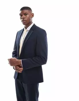 Двубортный облегающий пиджак ASOS DESIGN из шерсти синего ячменного переплетения