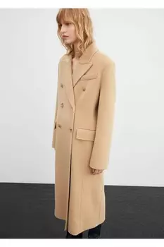 Двубортный пиджак из чистой шерсти Mango, бежевый