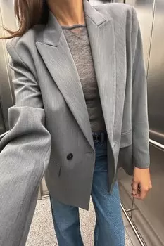 Двубортный пиджак оверсайз ZARA, серый мергель