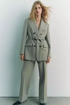 Двубортный пиджак с поясом ZARA, мята