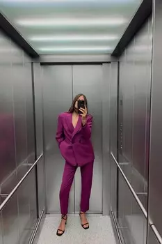 Двубортный пиджак с ремнем на спине ZARA, фиолетовый