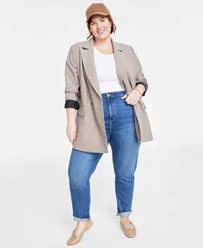 Двубортный пиджак в клетку больших размеров с пайетками On 34th, серый