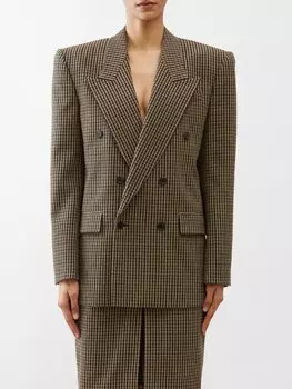 Двубортный пиджак в клетку из смесовой шерсти Saint Laurent, коричневый
