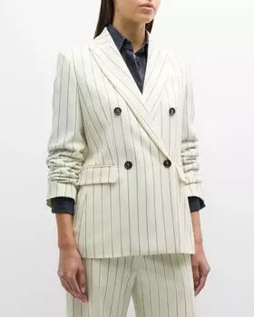 Двубортный пиджак в тонкую полоску в панамском стиле Brunello Cucinelli, цвет C011 White Grey