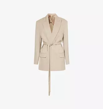 Двубортный шерстяной пиджак классического кроя с поясом Victoria Beckham, цвет almond