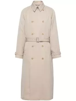 Двубортный шерстяной тренч Prada, бежевый