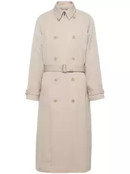 Двубортный шерстяной тренч Prada, нейтральный