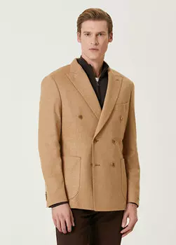 Двубортный шерстяной вязаный жакет светло-коричневого цвета Beymen