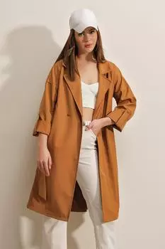 Двубортный Тренч на Подкладке с Воротником Коричневый Bigdart