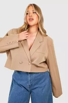 Двубортный укороченный блейзер свободного кроя Plus boohoo, бежевый