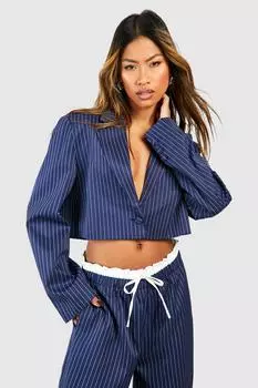 Двубортный укороченный блейзер свободного кроя в тонкую полоску boohoo, темно-синий