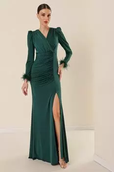 Двубортный воротник, рукав с перьями спереди, плиссированная подкладка из хрустальной ткани, длинное платье Изумрудного цвета By Sayg, зеленый