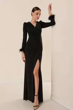 Двубортный воротник, рукава с перьями спереди, плиссированная подкладка из хрустальной ткани, длинное платье черного цвета By Sayg, черный
