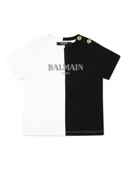 Двухцветная футболка с логотипом Balmain Kids, белый